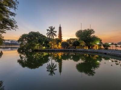 pagoda, lake, sunset