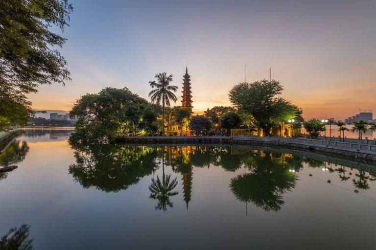 pagoda, lake, sunset