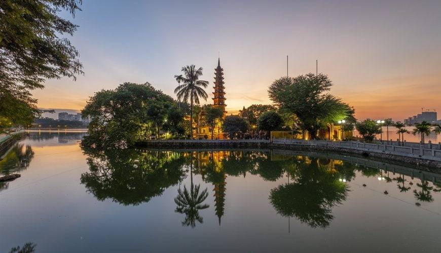 pagoda, lake, sunset