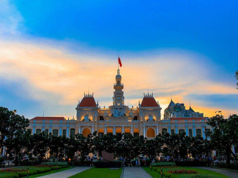 ho chi minh city hall, building, sunset